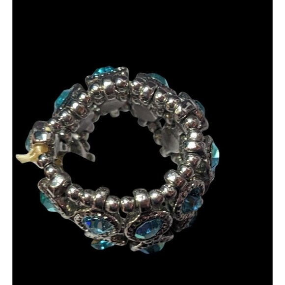 Chunky Glam Blue Rhinestone Silver Tone Stretch Ring Size 7 - Picture 8 of 9